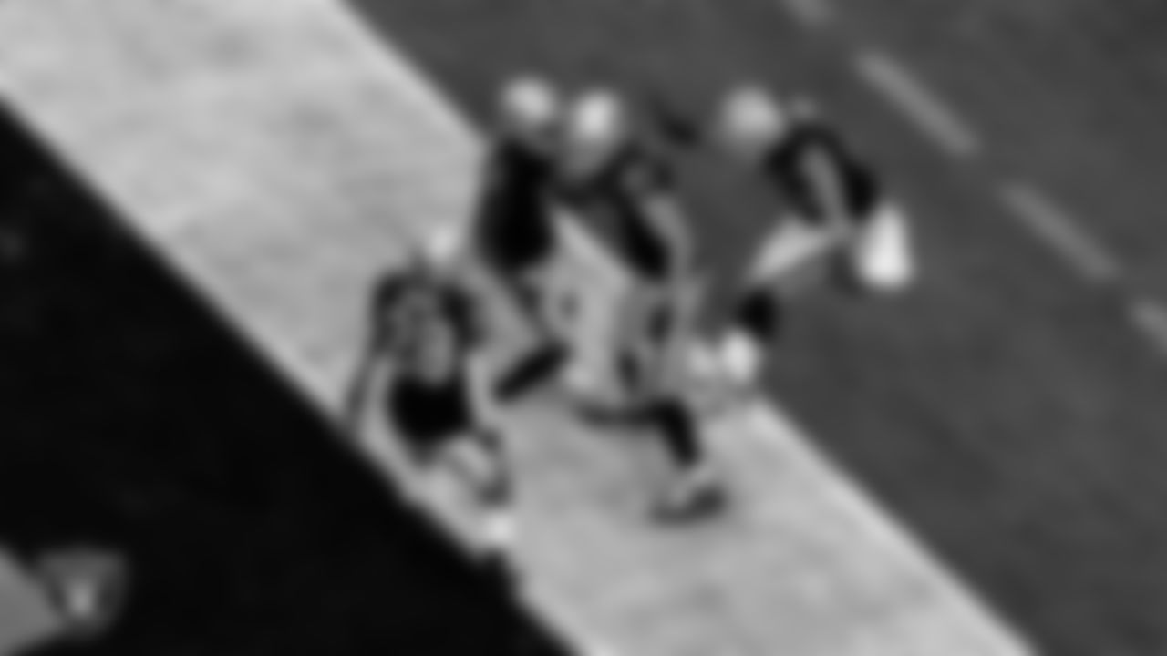 Las Vegas Raiders tight end Foster Moreau (87) celebrates with wide receiver Henry Ruggs III (11), running back Josh Jacobs (28) and fullback Alec Ingold (45) after making a 47-yard touchdown catch during the regular season home game against the Indianapolis Colts.