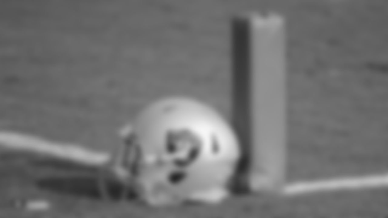 An Oakland Raiders helmet on the field for practice at the Oakland Raiders Practice Facility, Wednesday, November 14, 2018, in Alameda, California.