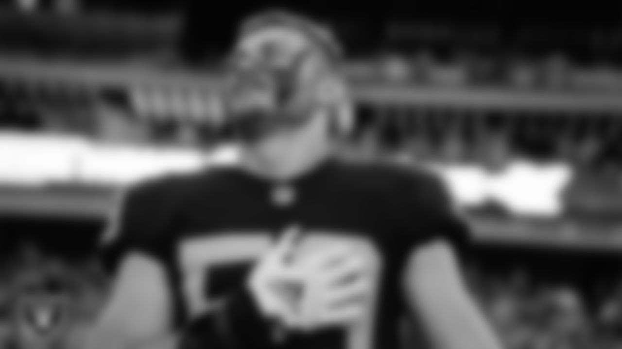 Las Vegas Raiders linebacker Luke Masterson (59) during the national anthem before the regular season home game against the San Francisco 49ers at Allegiant Stadium.