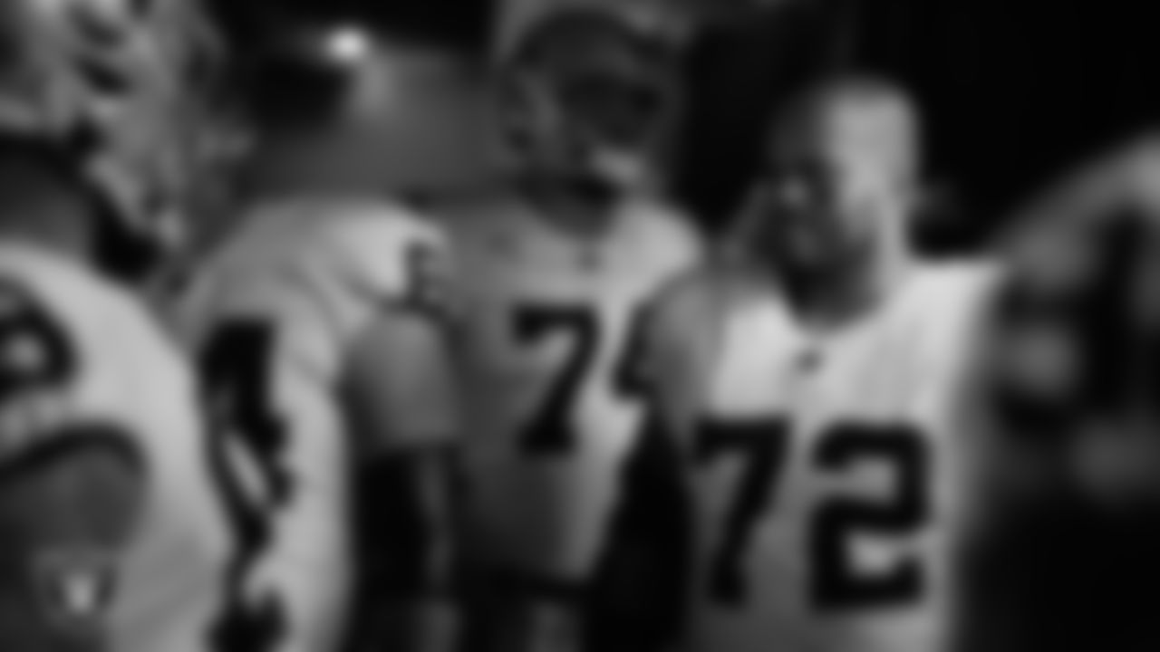 Las Vegas Raiders offensive lineman Jermaine Eluemunor (72) waits to be introduced onto the field before the regular season away game against the New Orleans Saints at Caesars Superdome.
