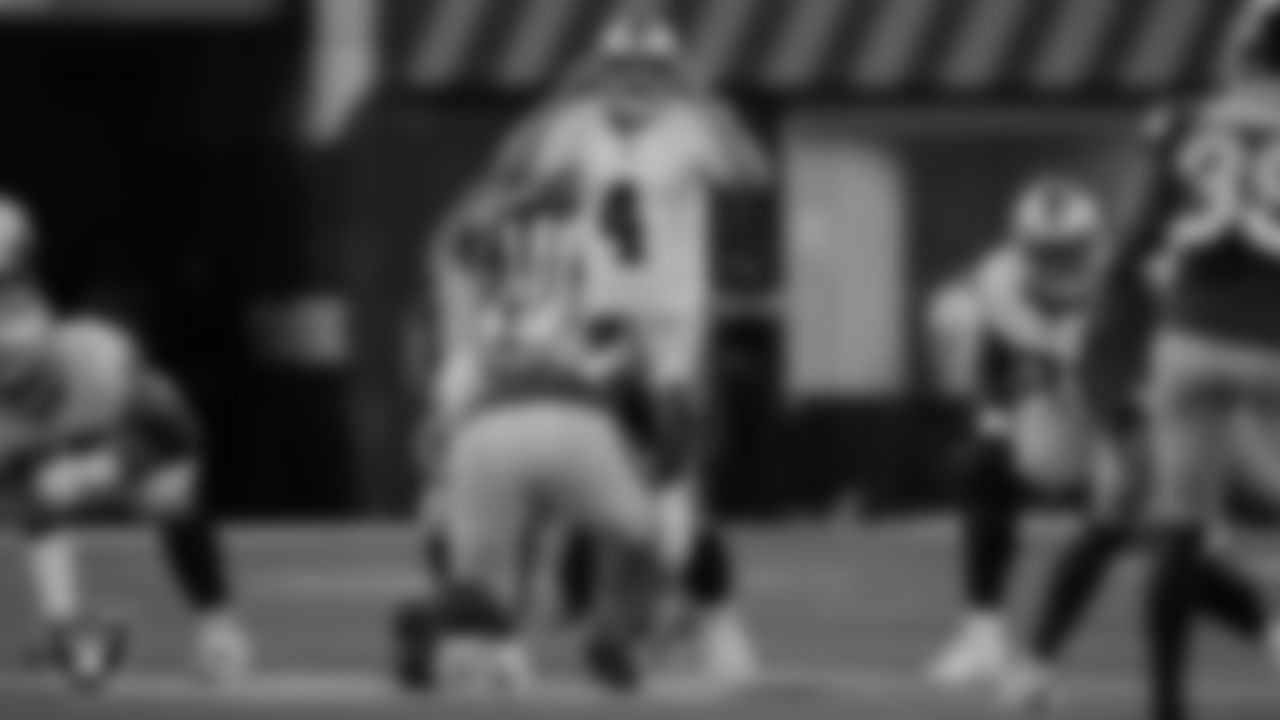 Las Vegas Raiders quarterback Aidan O'Connell (4) during the preseason away game against the Los Angeles Rams at Sofi Stadium.