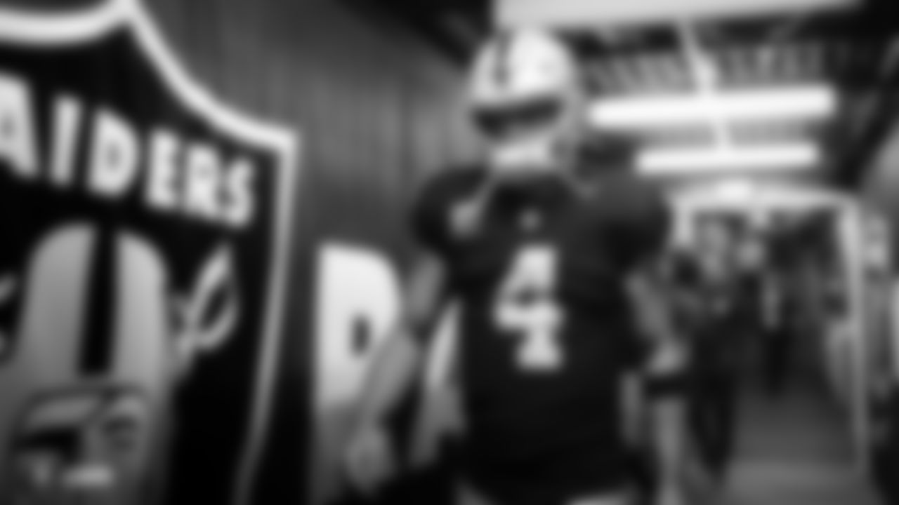 Oakland Raiders quarterback Derek Carr (4) enters the stadium during the Oakland Raiders regular season game against the Los Angeles Rams at Oakland-Alameda County Coliseum, Monday, September 10th in Oakland, California. The Oakland Raiders lost 33-13.