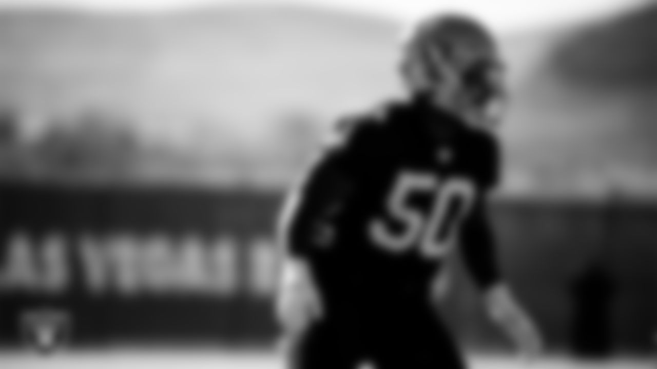 Las Vegas Raiders linebacker Nicholas Morrow (50) during practice at Intermountain Healthcare Performance Center.