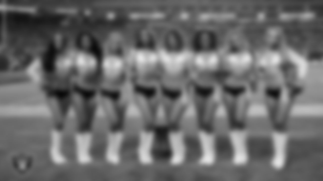 Line 4 of the Raiderettes on the sidelines during the regular season home game against the Green Bay Packers at Allegiant Stadium.