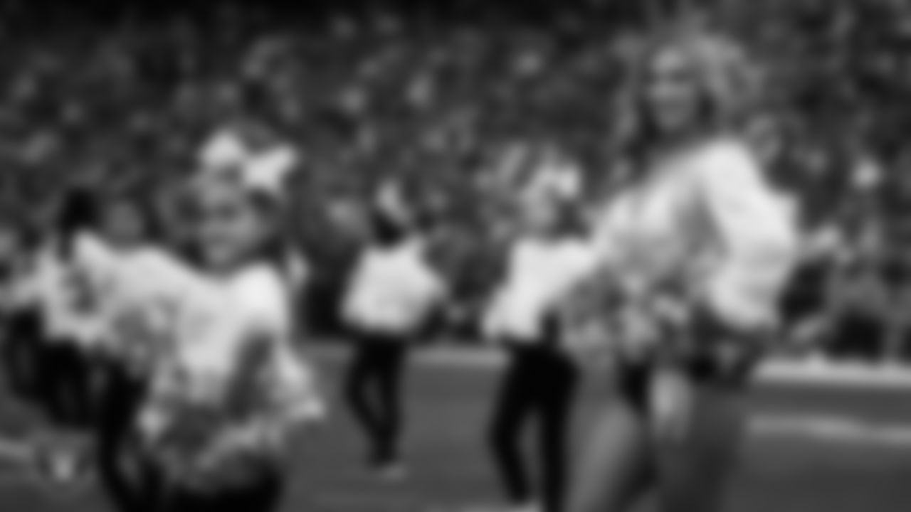Raiderette Taylor and Junior Raiderettes perform on the field before the regular season home game against the Los Angeles Chargers at Allegiant Stadium.