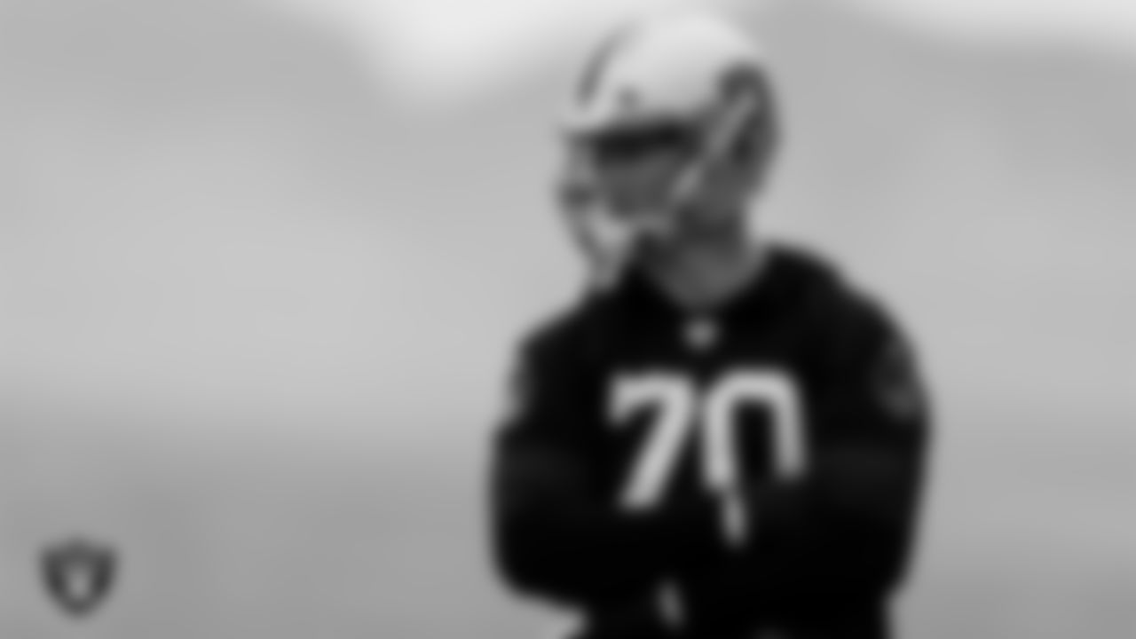 Las Vegas Raiders tackle Sam Young (70) during practice at Intermountain Healthcare Performance Center.
