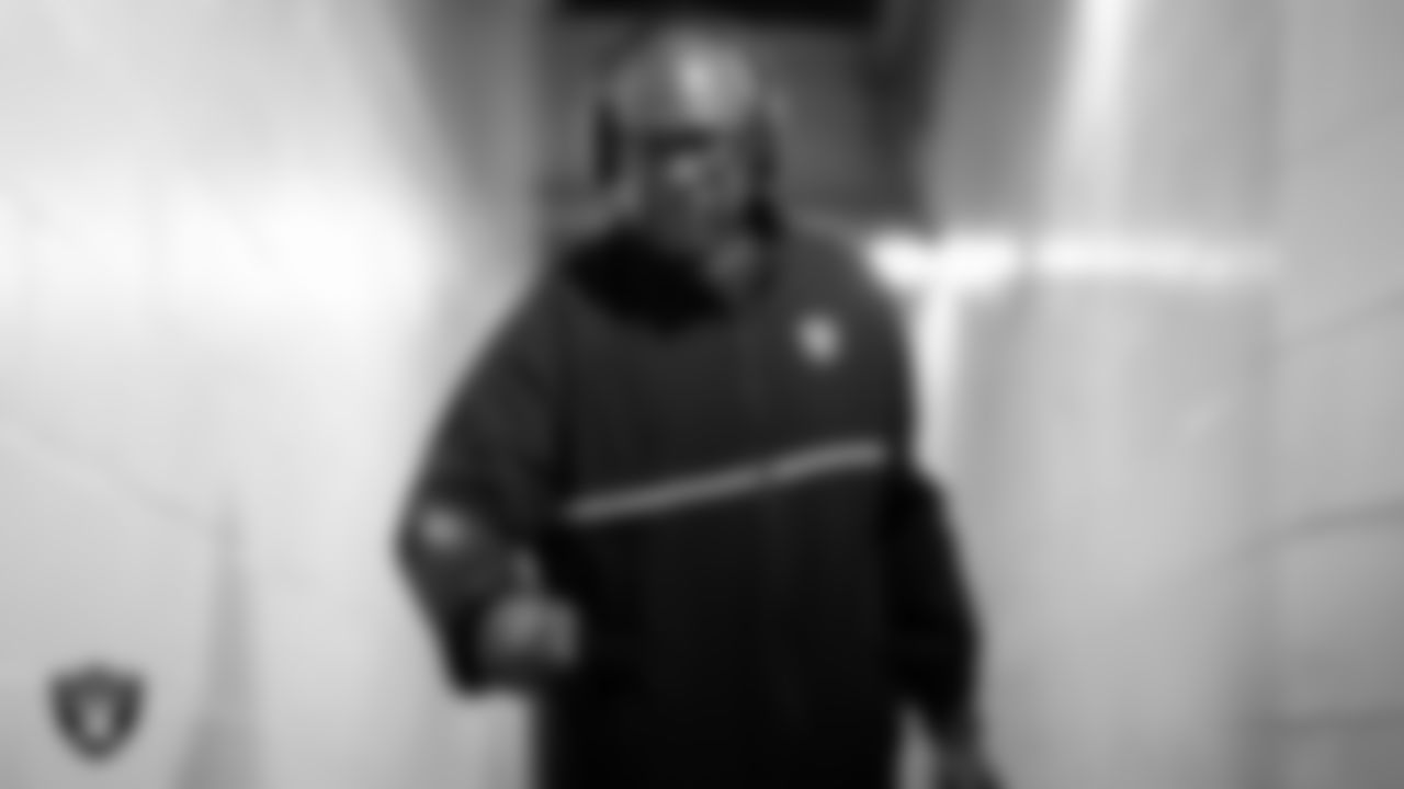 Las Vegas Raiders wide receivers coach Edgar Bennett arrives to the regular season away game against the Chicago Bears at Soldier Field.
