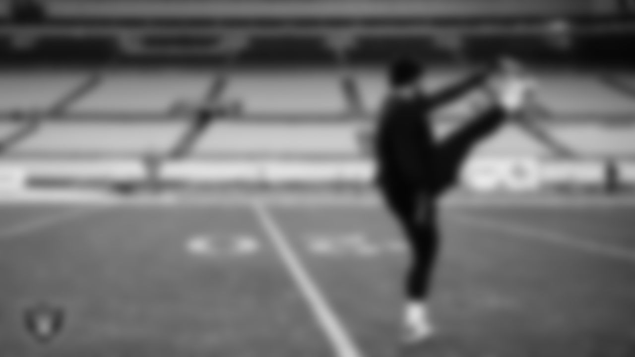 Las Vegas Raiders offensive lineman Hroniss Grasu (65) warming up before the regular season away game against the Pittsburgh Steelers at Acrisure Stadium.