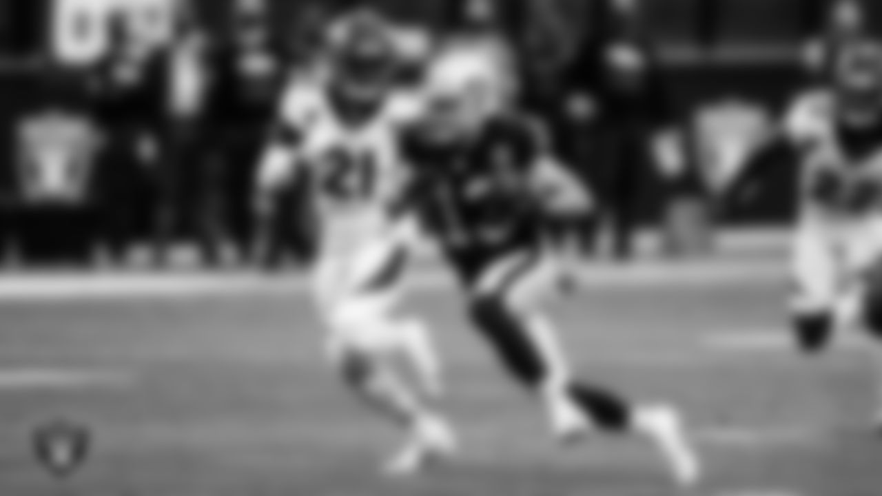 Las Vegas Raiders wide receiver Hunter Renfrow (13) runs after making a catch during the regular season home game against the Denver Broncos.