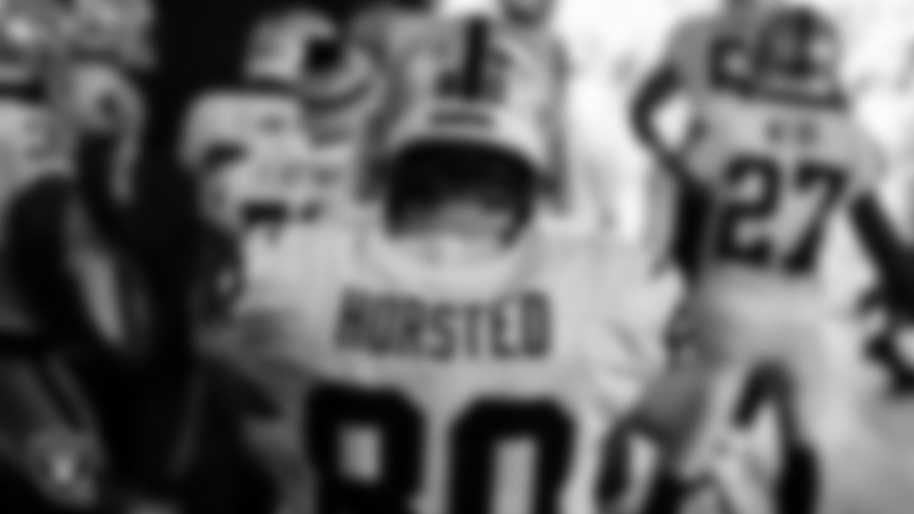 Las Vegas Raiders tight end Jesper Horsted (80) waits to take the field before the regular season away game against the New Orleans Saints at Caesars Superdome.