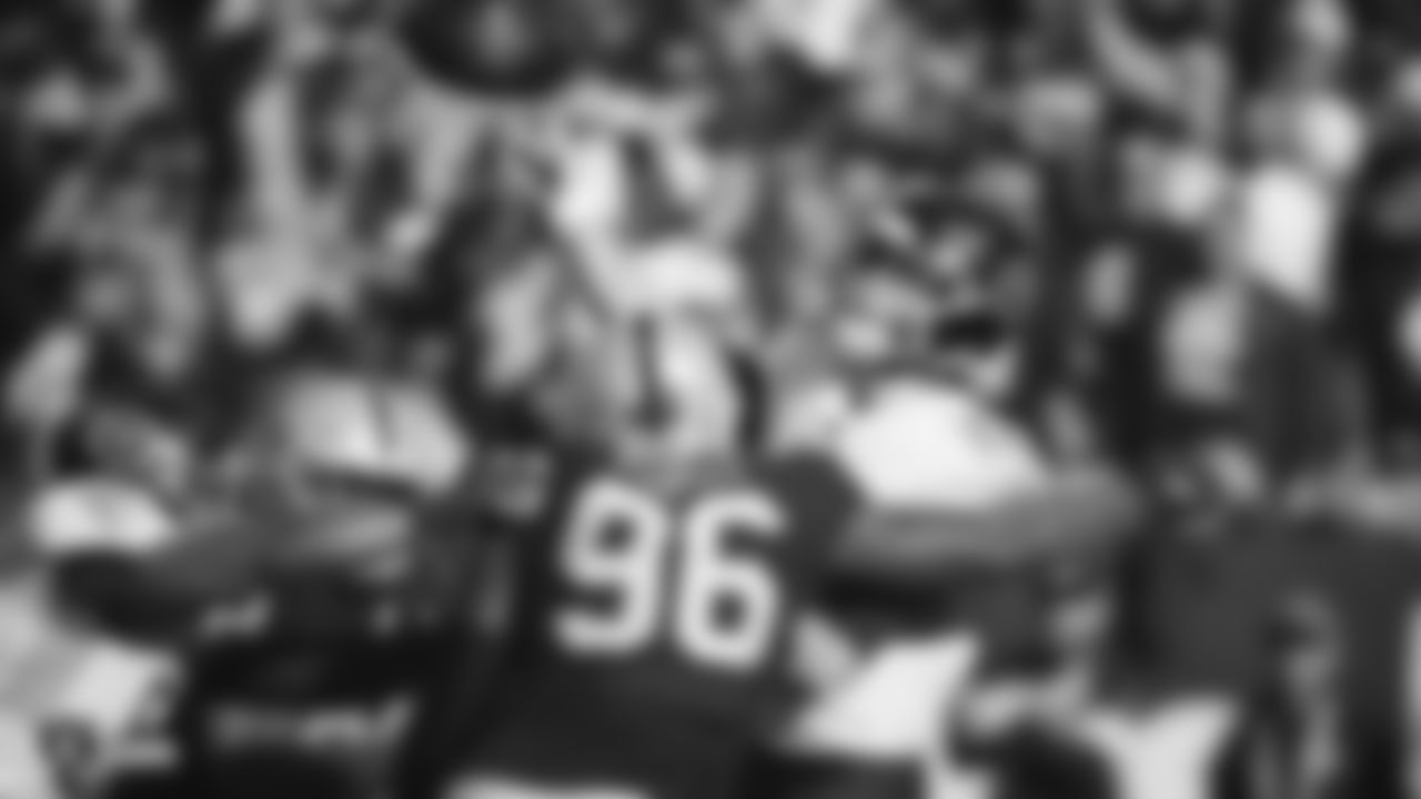 Raiders defensive end Clelin Ferrell (96) pressures the quarterback during the regular season game against the Tennessee Titans.