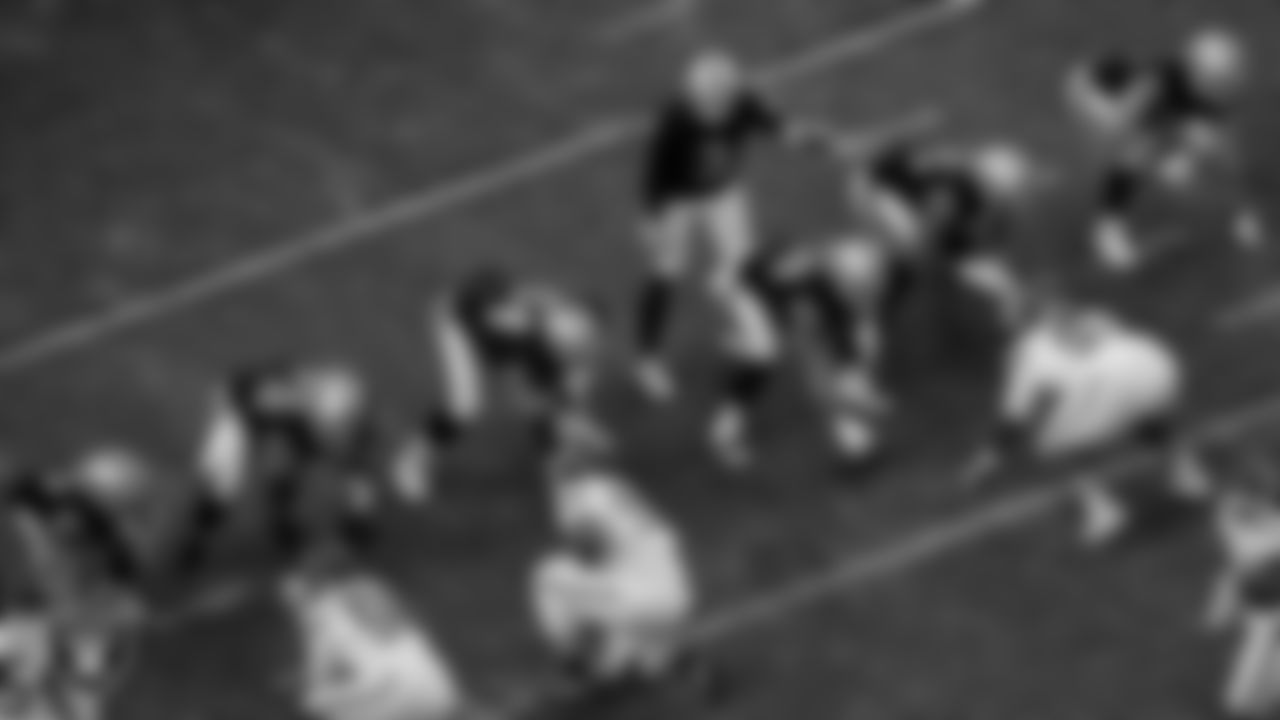 Las Vegas Raiders tight end Foster Moreau (87), offensive lineman Jermaine Eluemunor (72), offensive lineman Alex Bars (64), quarterback Jarrett Stidham (3), center Andre James (68), guard Dylan Parham (66) and tackle Kolton Miller (74) during the regular season home game against the Kansas City Chiefs at Allegiant Stadium.