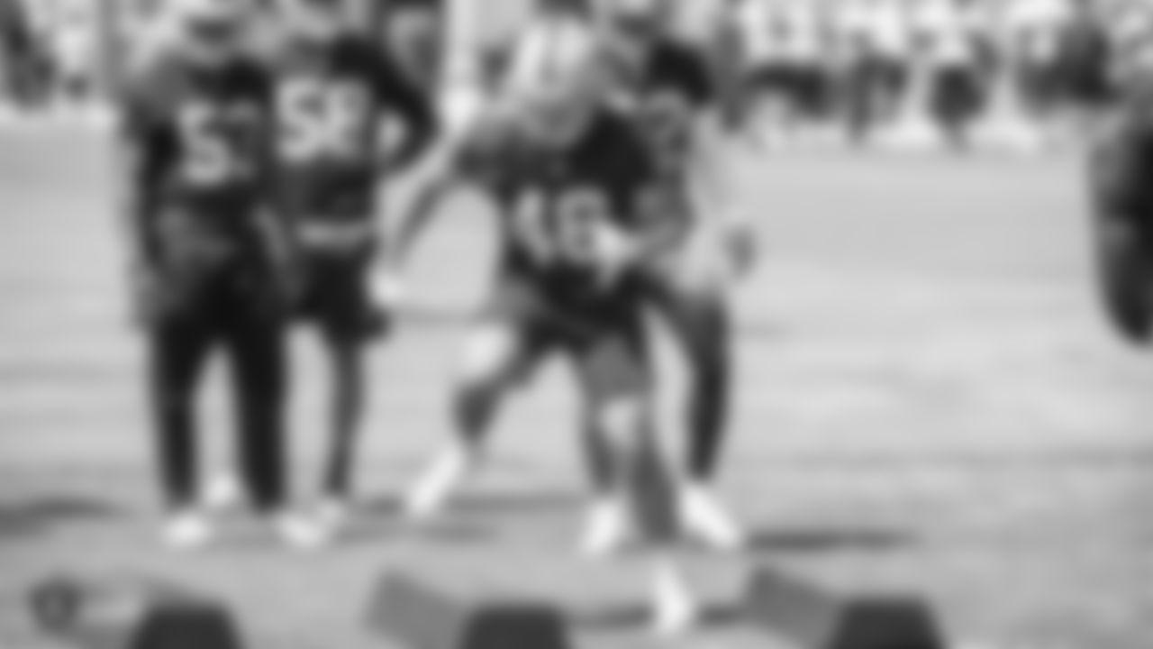 Raiders linebacker Koa Farmer (46) at an Organized Team Activity (OTA) at the Raiders Practice Facility in Alameda, Calif.