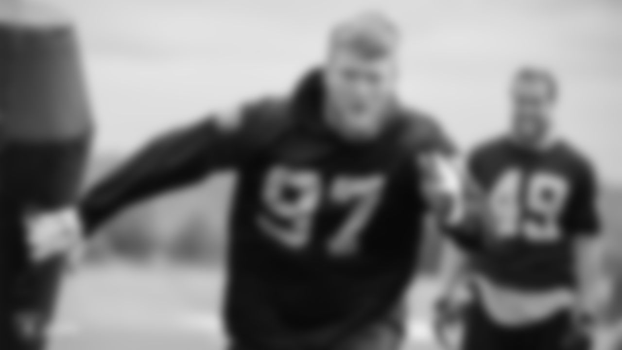 Raiders defensive end Josh Mauro (97) at a workout during phase two of the offseason program at the Raiders Practice Facility in Alameda, Calif.