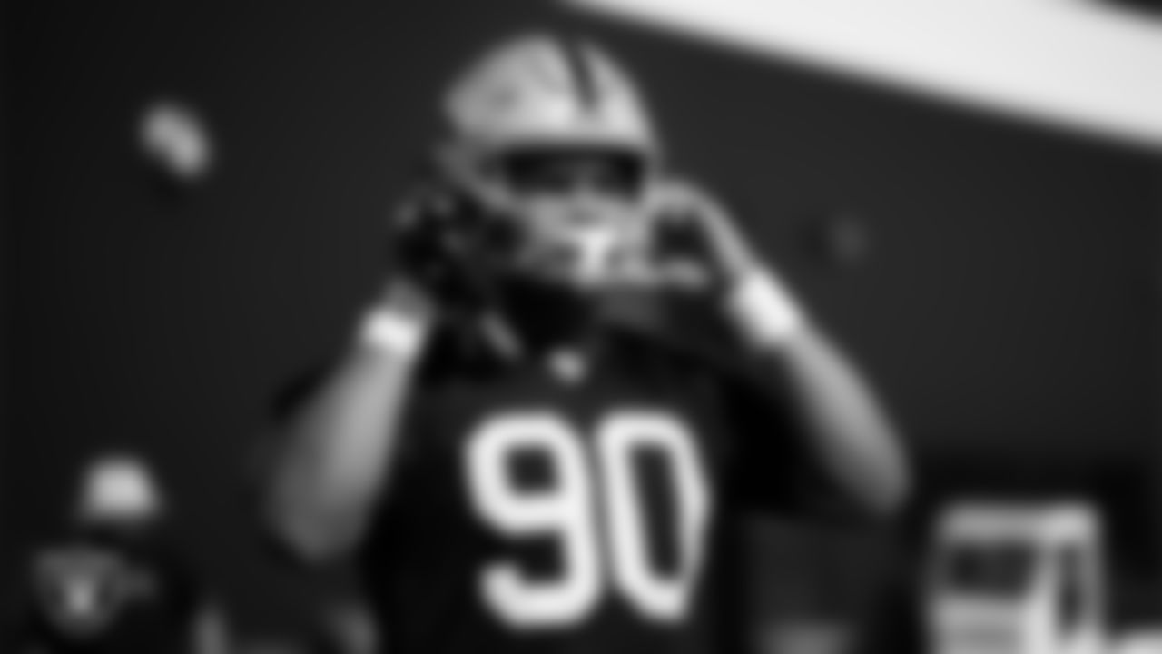 Las Vegas Raiders defensive lineman Jerry Tillery (90) during practice at Intermountain Healthcare Performance Center.