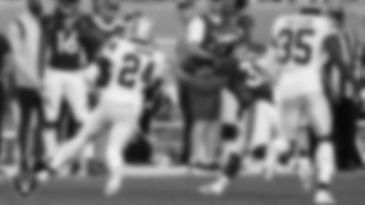 Las Vegas Raiders safety Johnathan Abram (24) returns an interception during the regular season away game against the Denver Broncos.