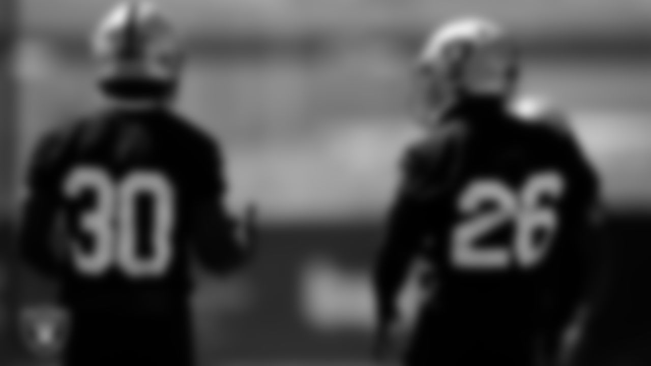 Las Vegas Raiders safety Duron Harmon (30) and cornerback Rock Ya-Sin (26) during Day Three of 2022 Veteran Minicamp.