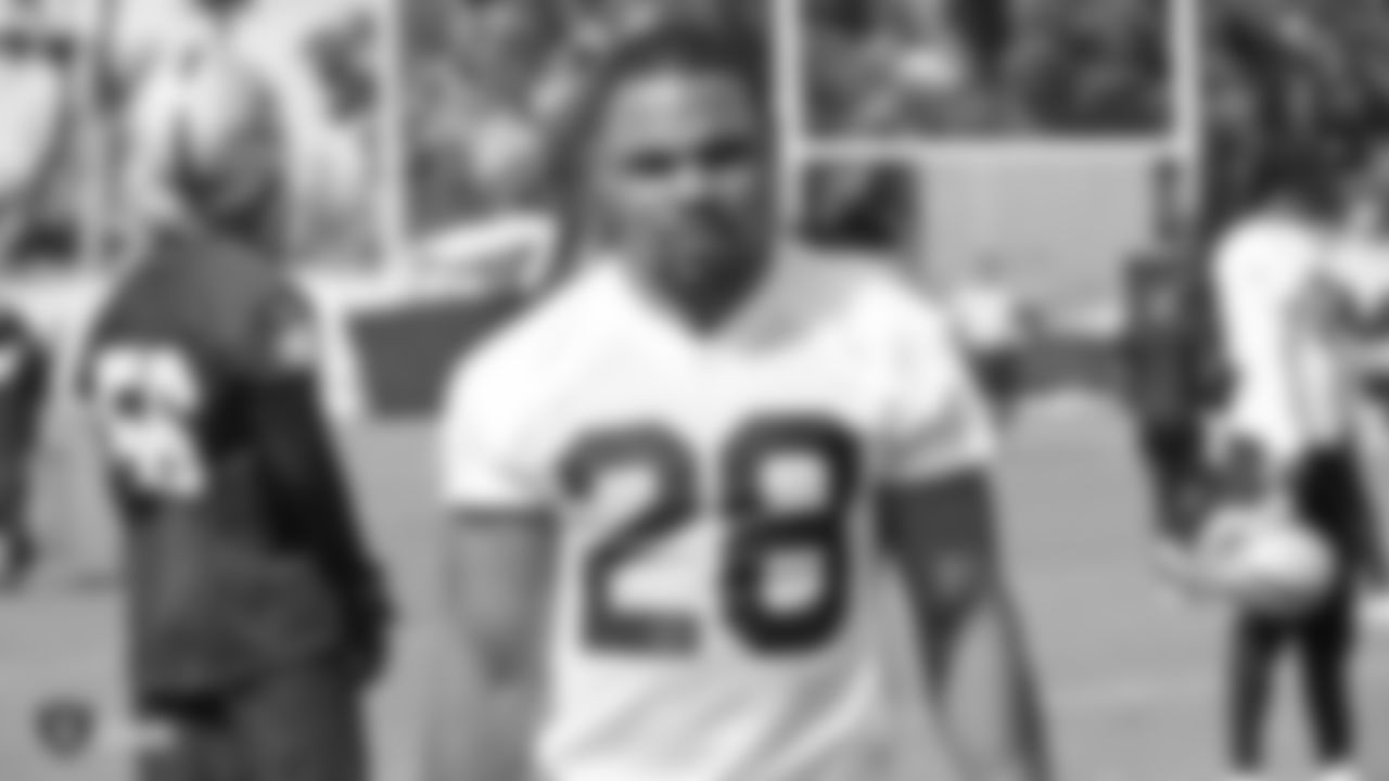 Oakland Raiders running back Doug Martin (28) on the field for practice at The Oakland Raiders Practice Facility, Thursday, October 4, 2018, in Alameda, California.