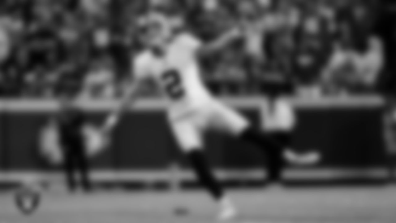 Las Vegas Raiders kicker Daniel Carlson (2) during the regular season away game against the Kansas City Chiefs at GEHA Field at Arrowhead Stadium.