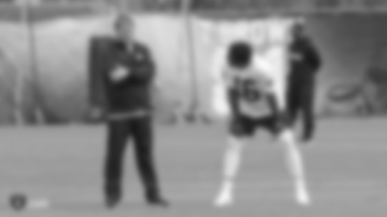 Raiders head coach Jon Gruden and wide receiver Tyrell Williams (16) at a workout during phase two of the offseason program at the Raiders Practice Facility in Alameda, Calif.