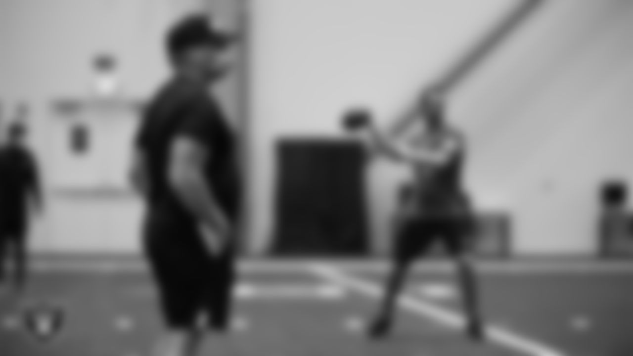 Las Vegas Raiders Head Coach Jon Gruden and quarterback Derek Carr (4) on the field for a walk through at 2020 Training Camp
