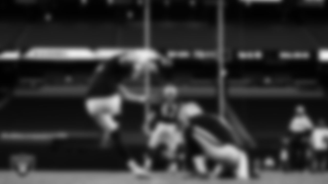 Las Vegas Raiders kicker Daniel Carlson (2) and punter AJ Cole (6) warming up before the regular season home game against the Miami Dolphins.