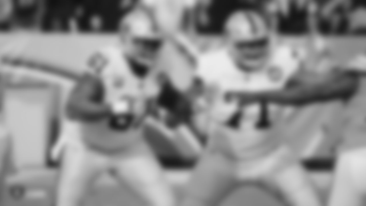 Raiders center Rodney Hudson (61) and tackle Denzelle Good (71) during the regular season game against the Los Angeles Chargers at ROKiT Field at Dignity Health Sports Park.