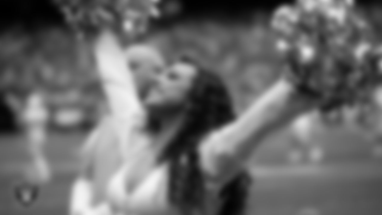 Raiderette Lexie on the sidelines during the regular season home game against the Los Angeles Chargers at Allegiant Stadium.