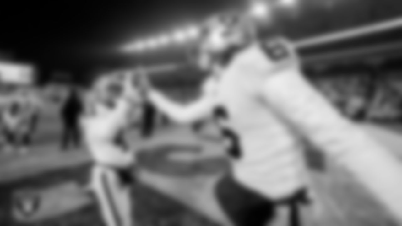 Las Vegas Raiders safety Matthias Farley (41) and punter AJ Cole (6) warming up before the regular season away game against the Pittsburgh Steelers at Acrisure Stadium.