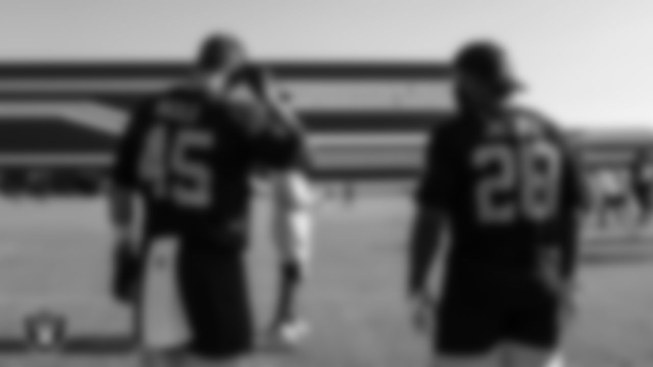 Las Vegas Raiders fullback Alec Ingold (45) and running back Josh Jacobs (28) on the field for a walk through at 2020 Training Camp.