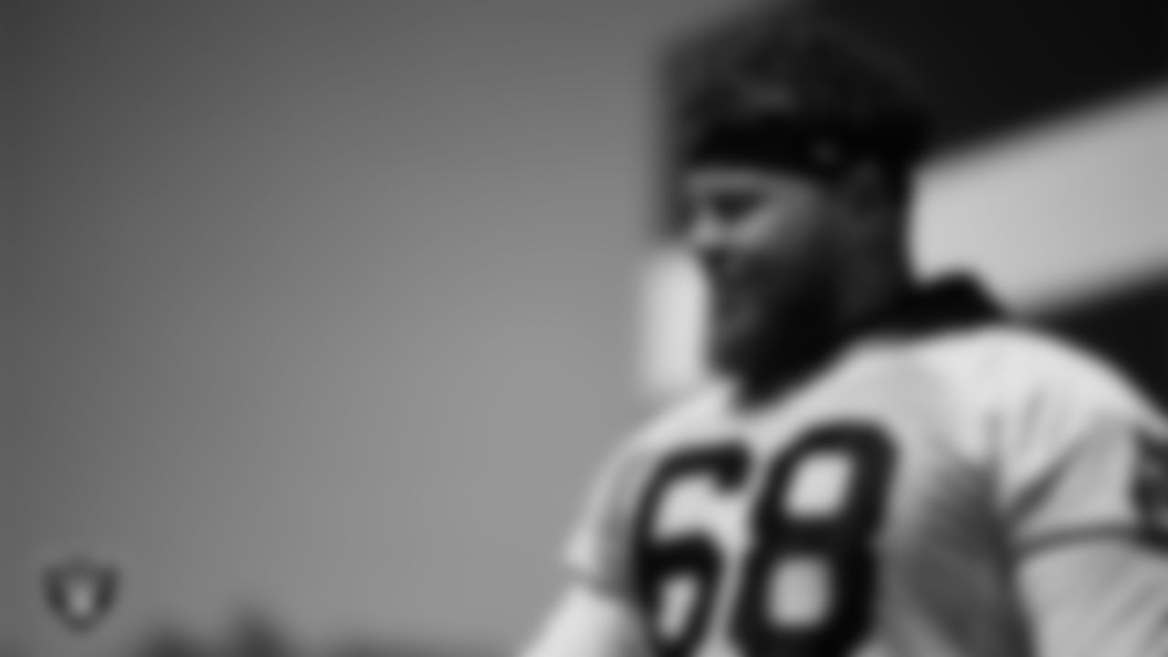 Las Vegas Raiders center Andre James (68) during practice at Intermountain Health Performance Center.