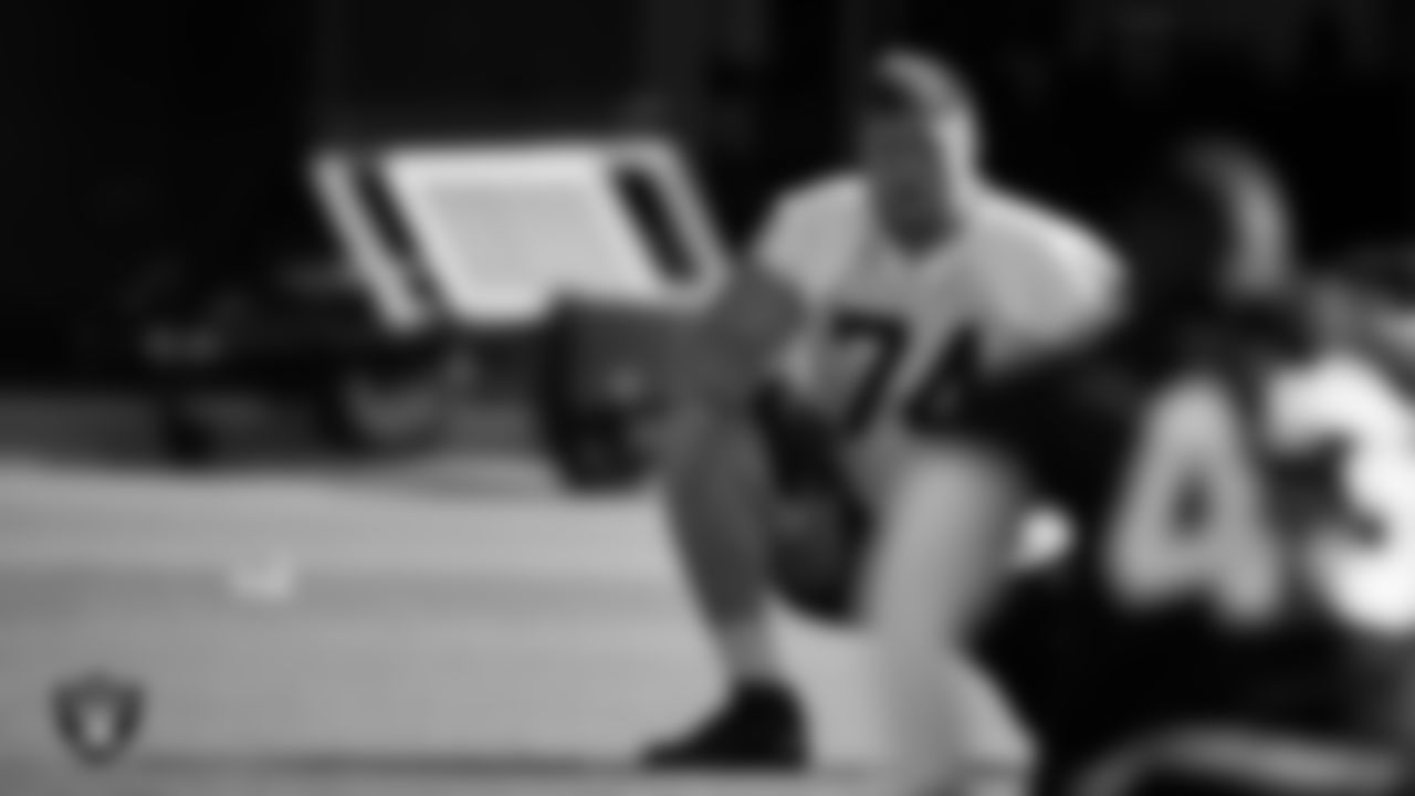 Las Vegas Raiders tackle Kolton Miller (74) at a workout during phase two of the offseason program.