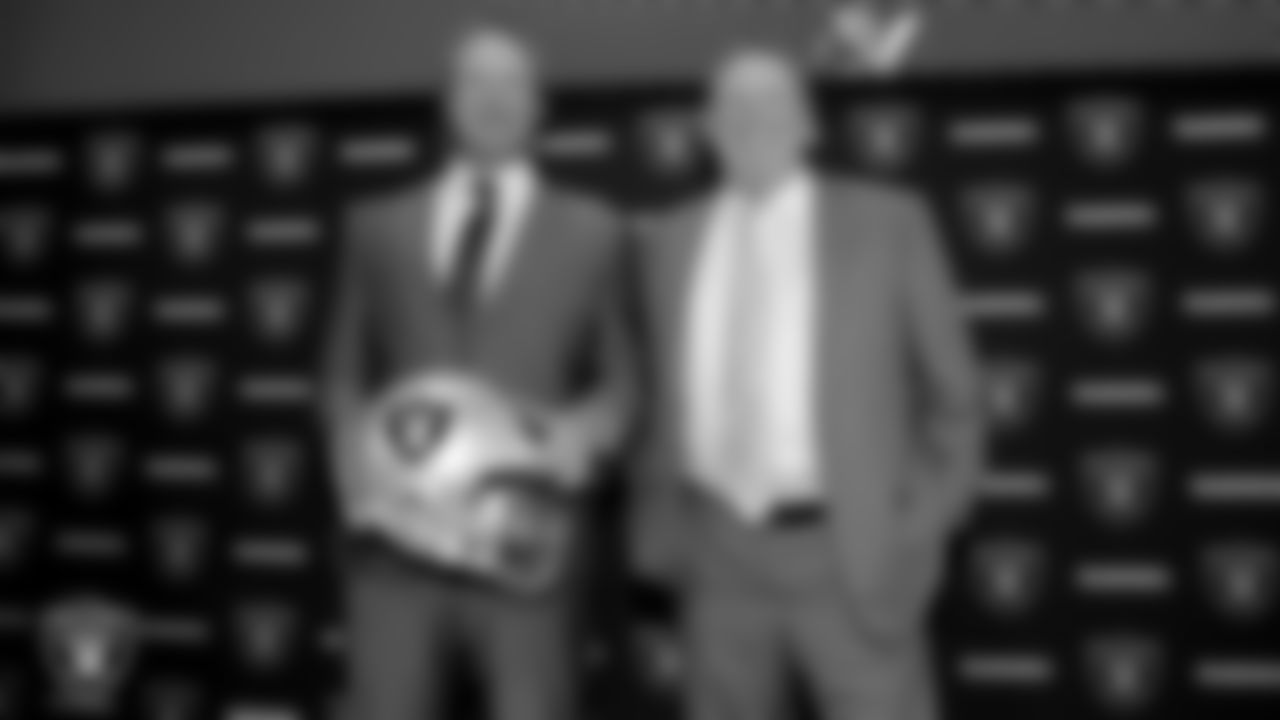Raiders owner Mark Davis and new Head Coach Jon Gruden after a press conference in 2018.