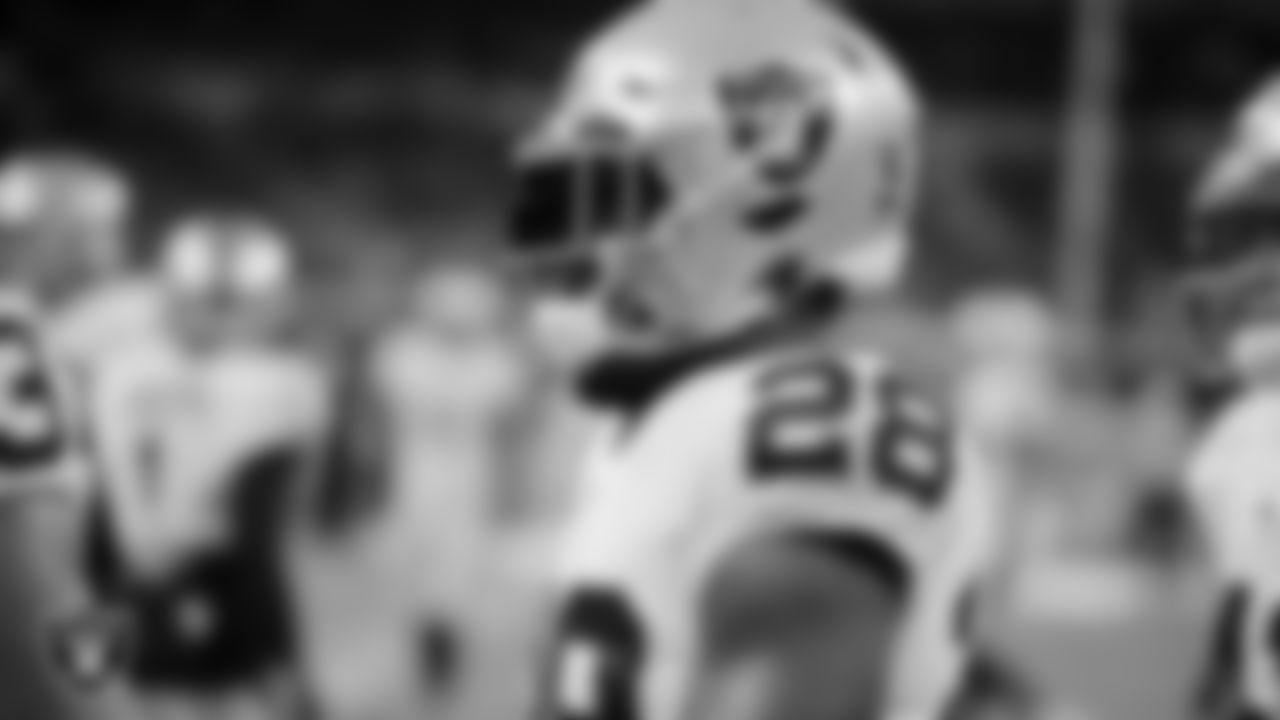 Las Vegas Raiders running back Josh Jacobs (28) warming up before the regular season away game against the Indianapolis Colts.