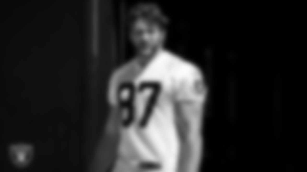 Las Vegas Raiders tight end Foster Moreau (87) at an Organized Team Activity (OTA).