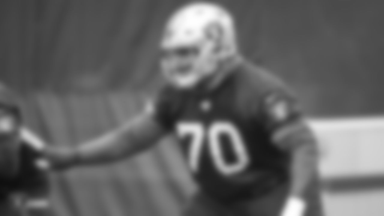 Oakland Raiders offensive guard/tackle Kelechi Osemele (70) on the field for practice at the Oakland Raiders Practice Facility, Friday, December 21, 2018, in Alameda, California.