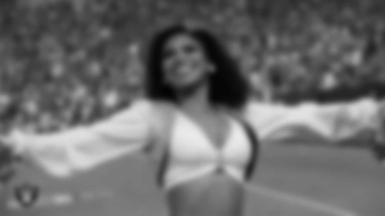 Raiderette Shayla on the sidelines before the regular season home game against the San Francisco 49ers at Allegiant Stadium.