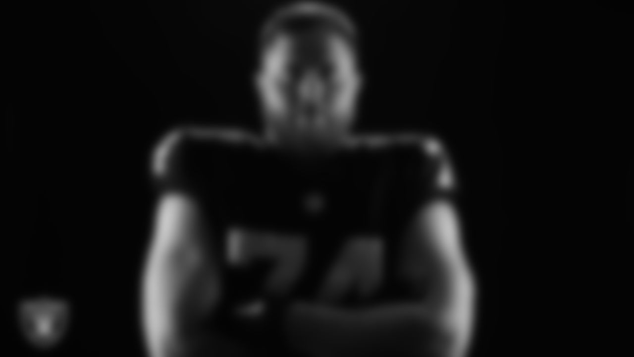 Las Vegas Raiders tackle Kolton Miller (74) poses for a photo at the 2023 Las Vegas Raiders Content Day.