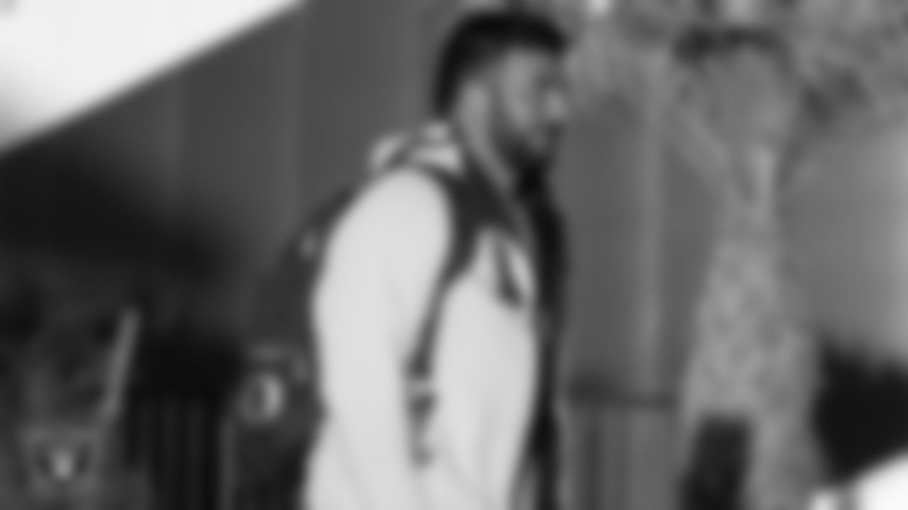 Las Vegas Raiders offensive lineman Hroniss Grasu (65) arrives for the team's first day of the offseason program at Intermountain Healthcare Performance Center.