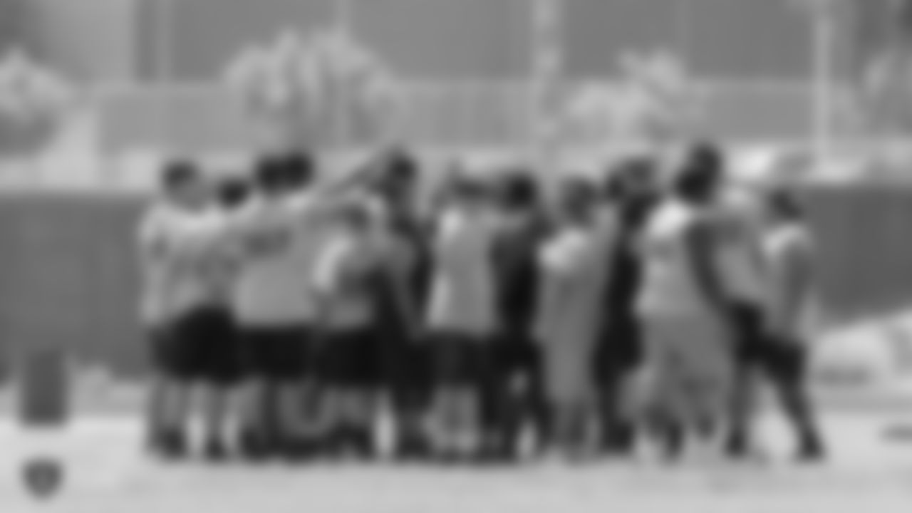 The Raiders, represented by alumnus Reggie Kinlaw, collaborate with the Southern Nevada Football Coaches Association to host an Offensive and Defensive Lineman Camp at Desert Oasis High School, Thursday, June 6, 2019, in Las Vegas, Nevada.
