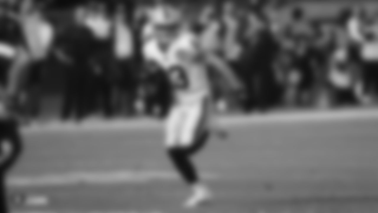 Raiders wide receiver Hunter Renfrow (13) runs to the end zone on a 56-yard touchdown catch during the regular season game against the Los Angeles Chargers.