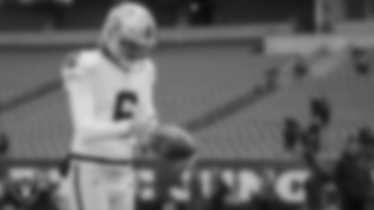 Las Vegas Raiders punter AJ Cole (6) warming up before the postseason away game against the Cincinnati Bengals.