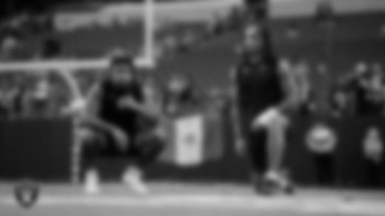 Las Vegas Raiders safety Roderic Teamer (33) and safety Tre'von Moehrig (25) warming up before the regular season home game against the Pittsburgh Steelers at Allegiant Stadium.