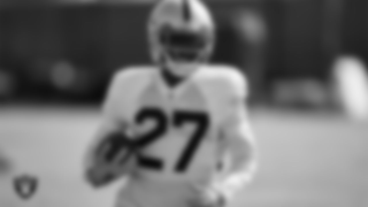 Las Vegas Raiders cornerback Trayvon Mullen Jr. (27) on the field for practice at 2021 Training Camp.