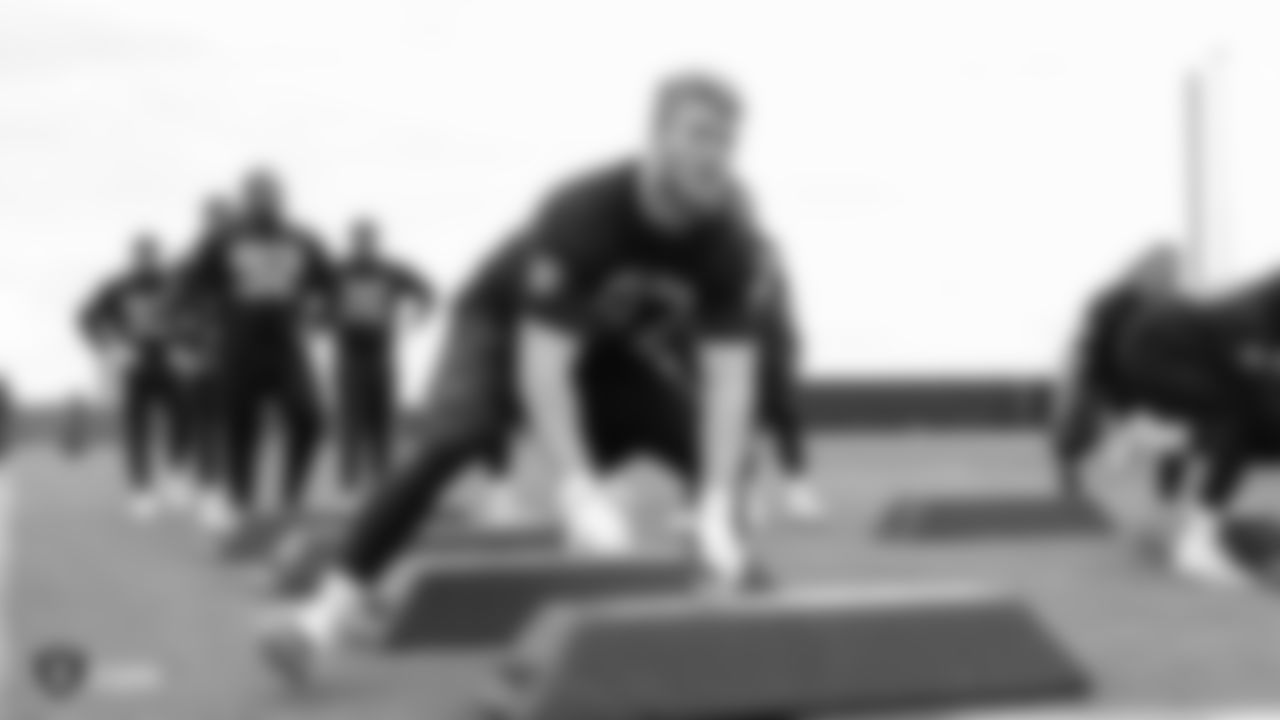 Raiders defensive end Josh Mauro (97) at a workout during phase two of the offseason program at the Raiders Practice Facility in Alameda, Calif.