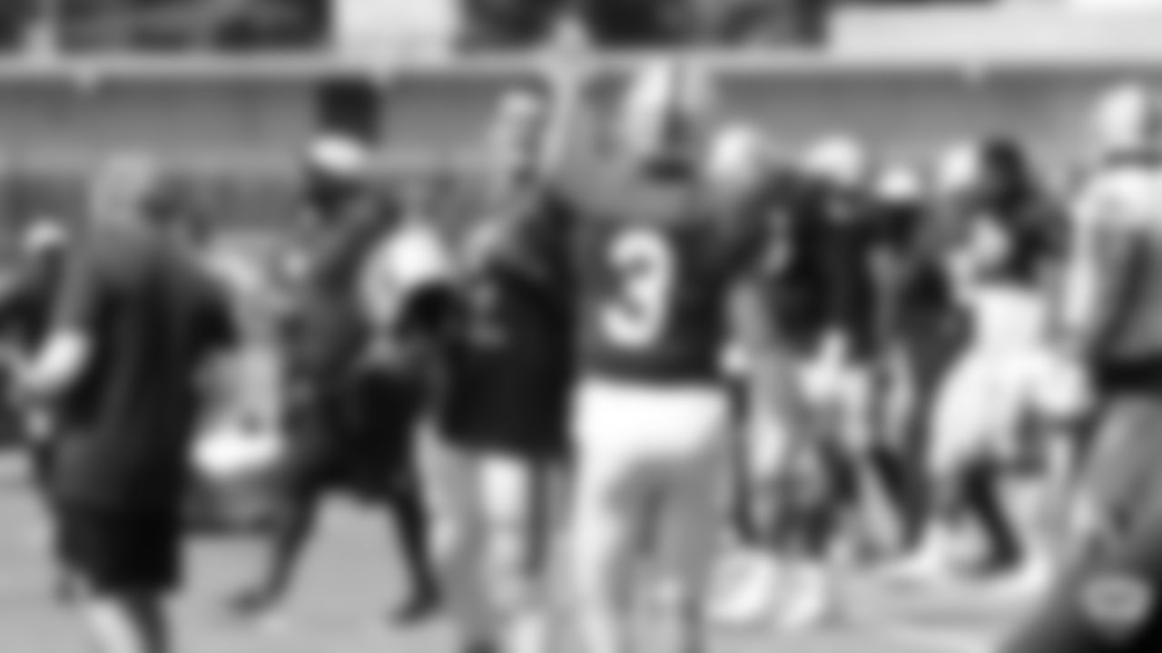 Raiders quarterback Derek Carr (4) and quarterback Nathan Peterman (3) on the field for practice at 2019 Training Camp.