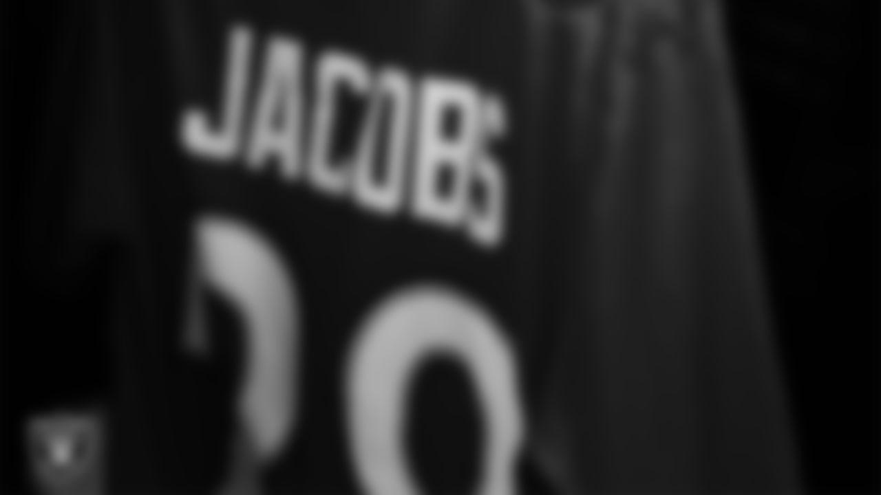 Las Vegas Raiders running back Josh Jacobs' (28) jersey in the locker room before the 2023 Pro Bowl at Allegiant Stadium.