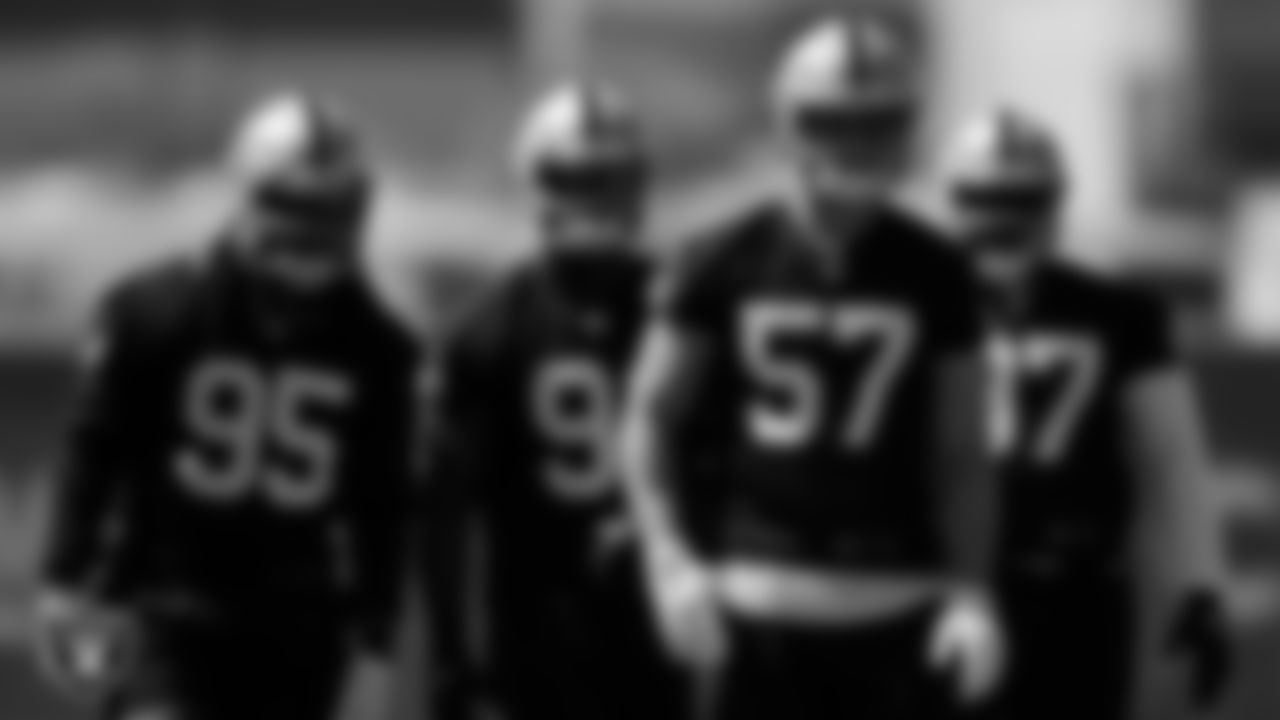 Las Vegas Raiders linebacker Kyler Fackrell (57) at an Organized Team Activity (OTA).