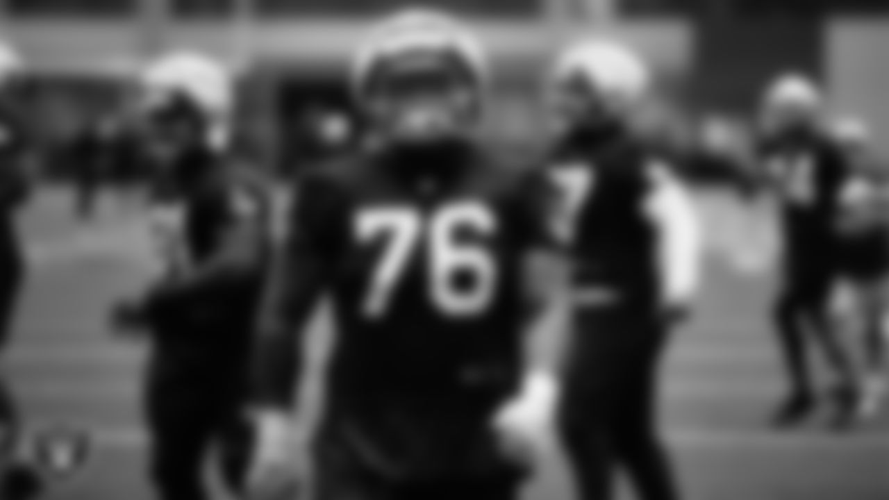 Las Vegas Raiders defensive tackle Kyle Peko (76) on the field for practice at 2023 Training Camp at Intermountain Health Performance Center.
