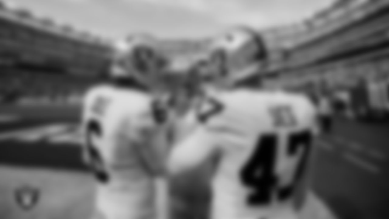 Las Vegas Raiders punter AJ Cole (6), kicker Daniel Carlson (2) and long snapper Trent Sieg (47) huddle during warm ups before the regular season away game against the New York Giants.